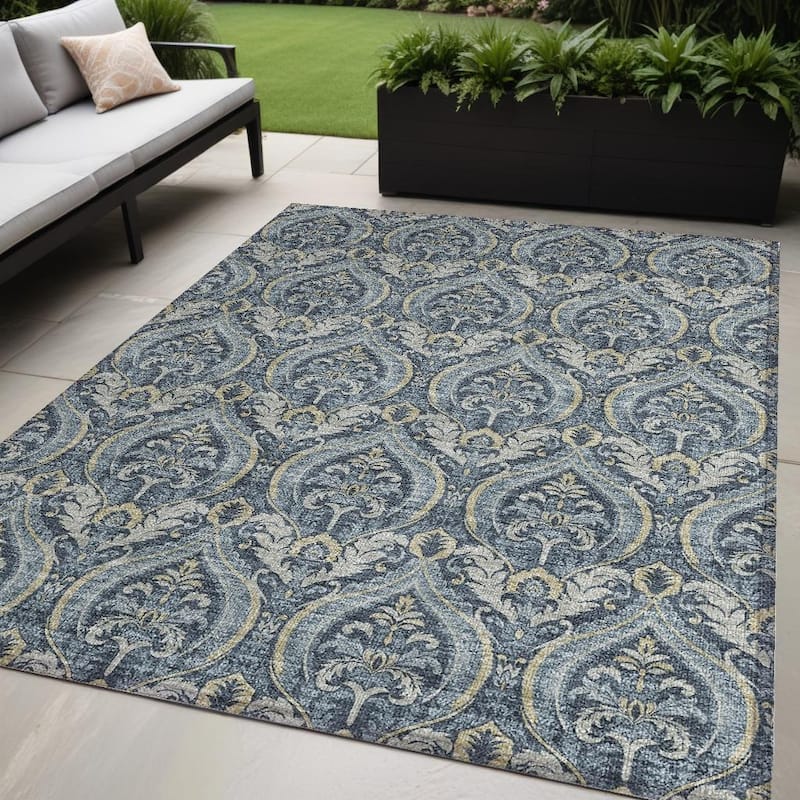 Rami Graceful Floral Weather Resistant Classic Meets Modern Outdoor Rug - 5' X 8' - Blue/Cream