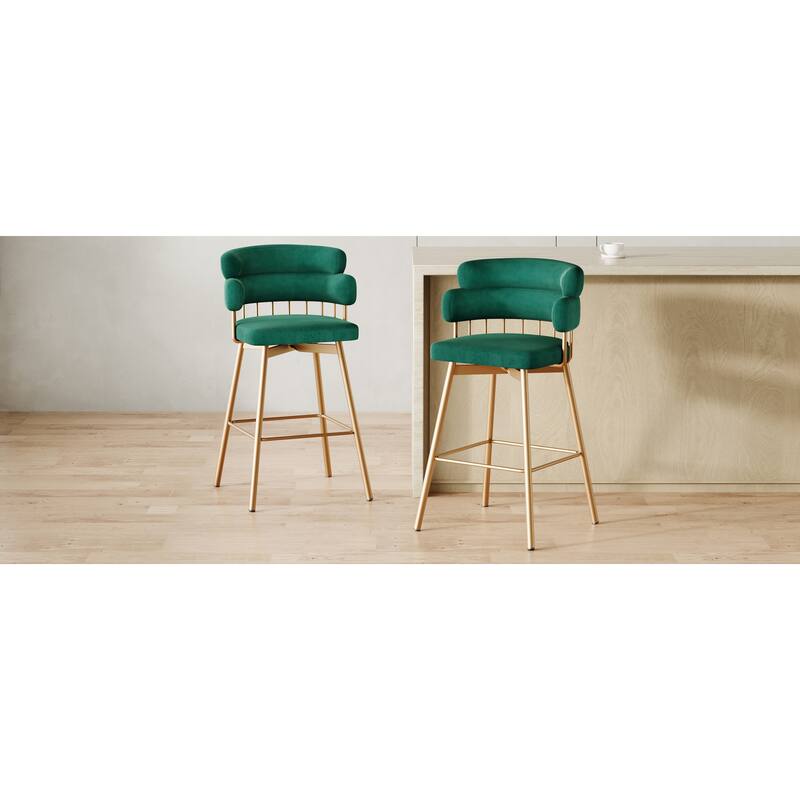 Roomfitters 26-Inch Swivel Counter Height Bar Stools Set of 2, Modern Industrial Upholstered Bucket Seat with Golden Legs, Green