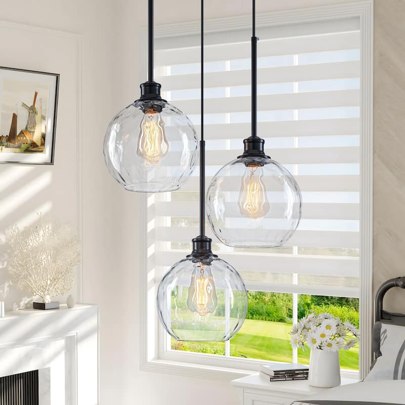 Starsky Modern 3-Light Clear Glass Chandelier Cluster Adjustable Height Pendant Lights for Kitchen Dining Room - Same-Size Hammered Glass