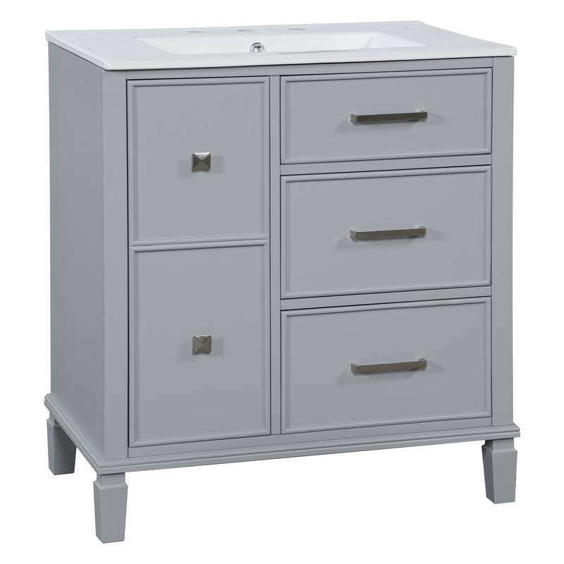 30 Inch Bathroom Vanity with Ceramic Sink, Flip-Out Drawer Design for Plumbing, Painted MDF Cabinet with Solid Wood Legs