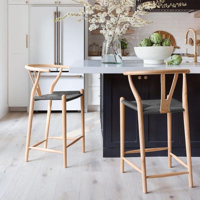 Solid Wood Countertop Height Barstool with Open Y Back Farmhouse Woven Organic Chair For Kitchen Bedroom Designer - N/A