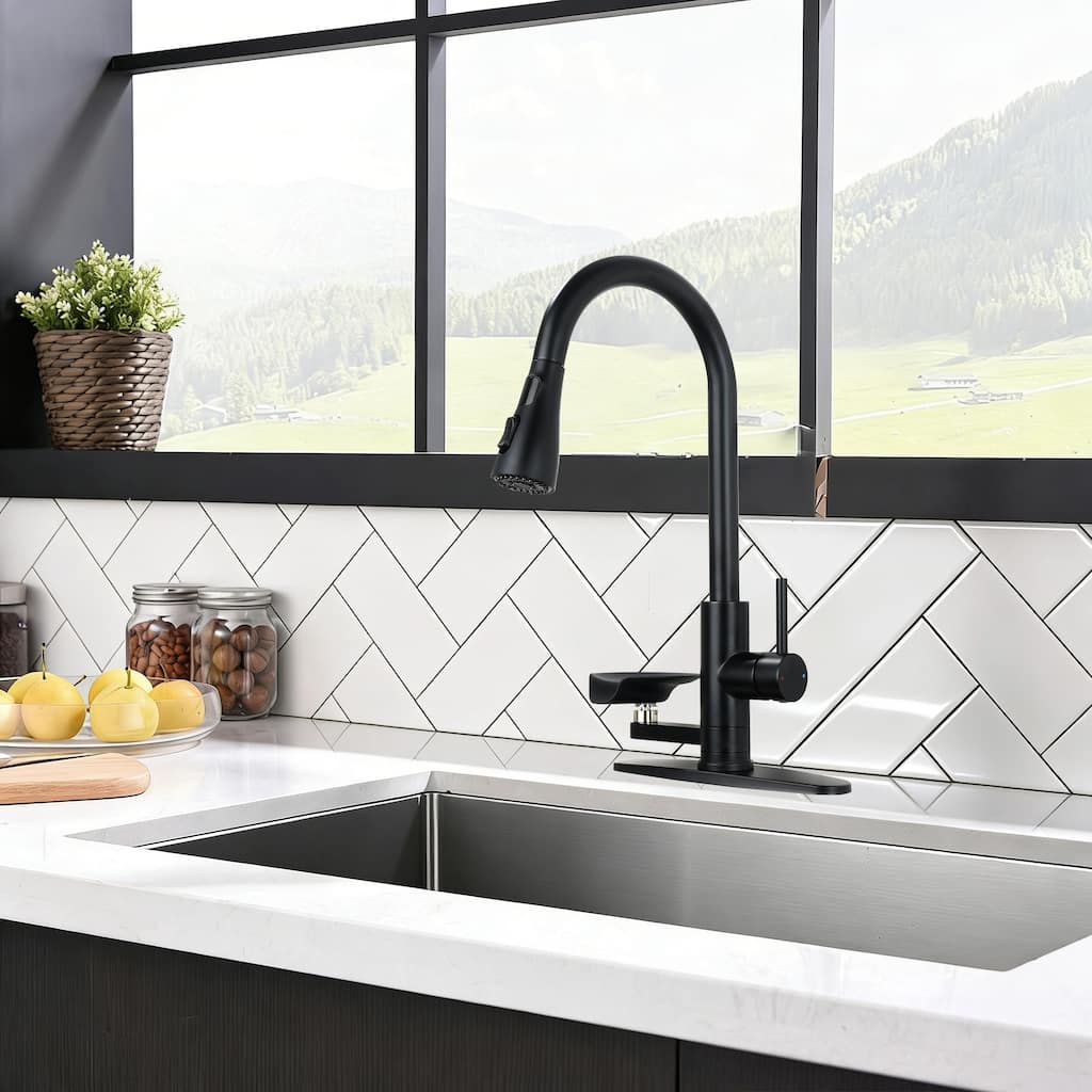 Roomfitters 3-in-1 Kitchen Faucet with Digital Temperature Display and Glass Rinser, High Arc Sink Faucet