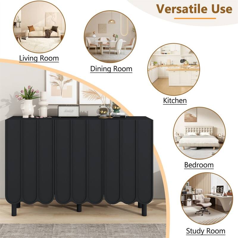 Modern Shoe Cabinet with Adjustable Shelves, Accent Storage Cabinet with Wave Doors, Sideboard Buffet Cabinet with Wood Legs