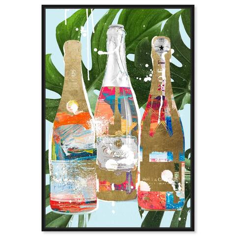 "Tropical Champagne Bottles", Tropical Bubbly Bottles Glam Gold Framed Canvas Wall Art Print for Dining Room