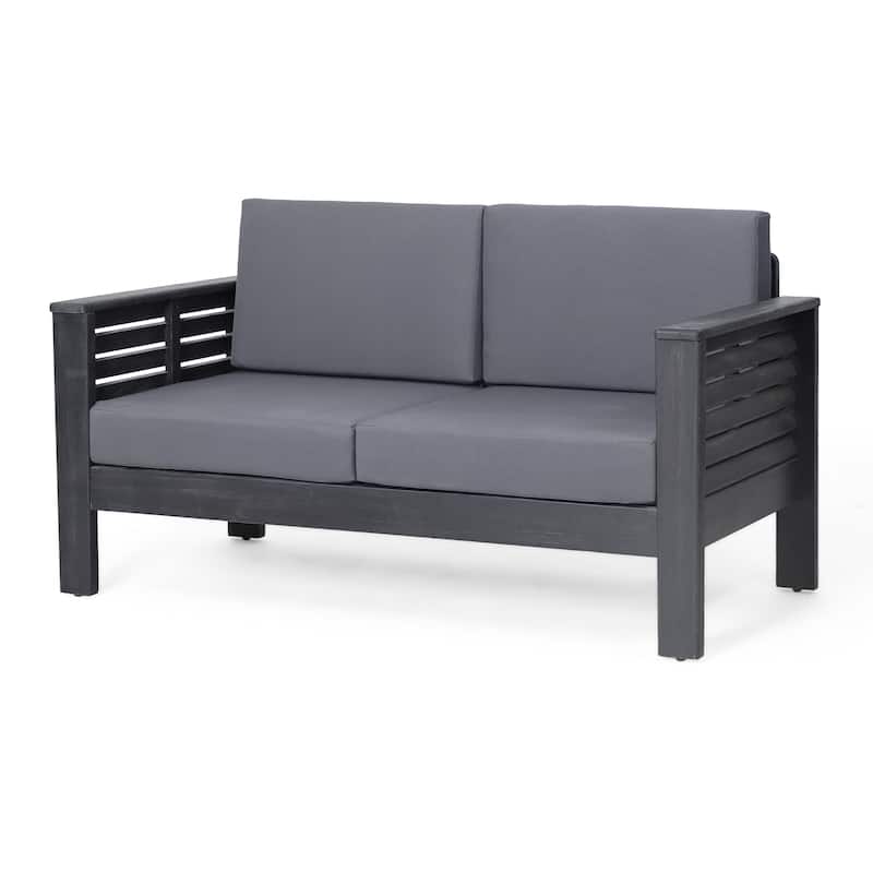 Roomfitters Outdoor Acacia Wood Loveseat and Coffee Table Set, Cream Cushions, Teak Finish, Ideal for Patio, Garden, or Porch