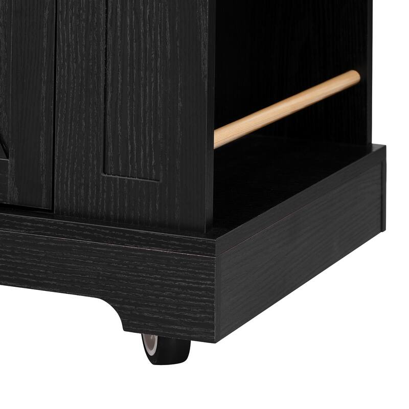 53'' Farmhouse Kitchen Island with Two Tempered Glass Cabinet Doors, Drop Leaf, 5 Open Side Racks and 3 Drawers