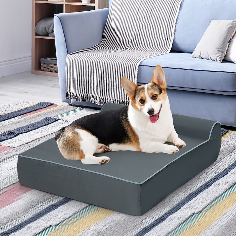 Orthopedic Dog Bed with Headrest and Removable Washable Cover-Grey - 40" x 32" x 12"