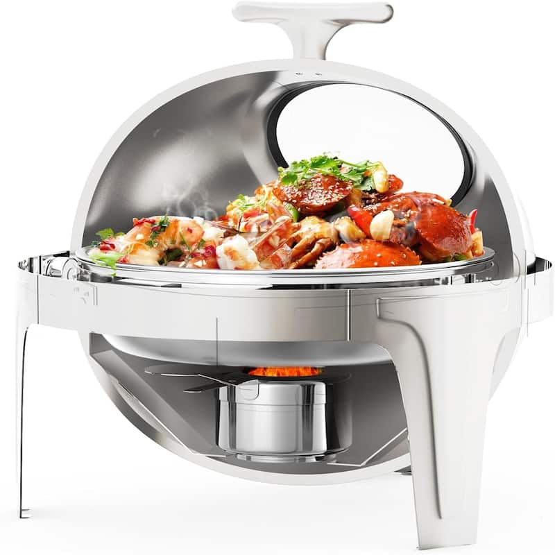 6.3 Quart Round Roll Top Chafing Dish Buffet Set with Glass Window for Party Wedding Banquet Graduation Event Silver - 6L - 6L