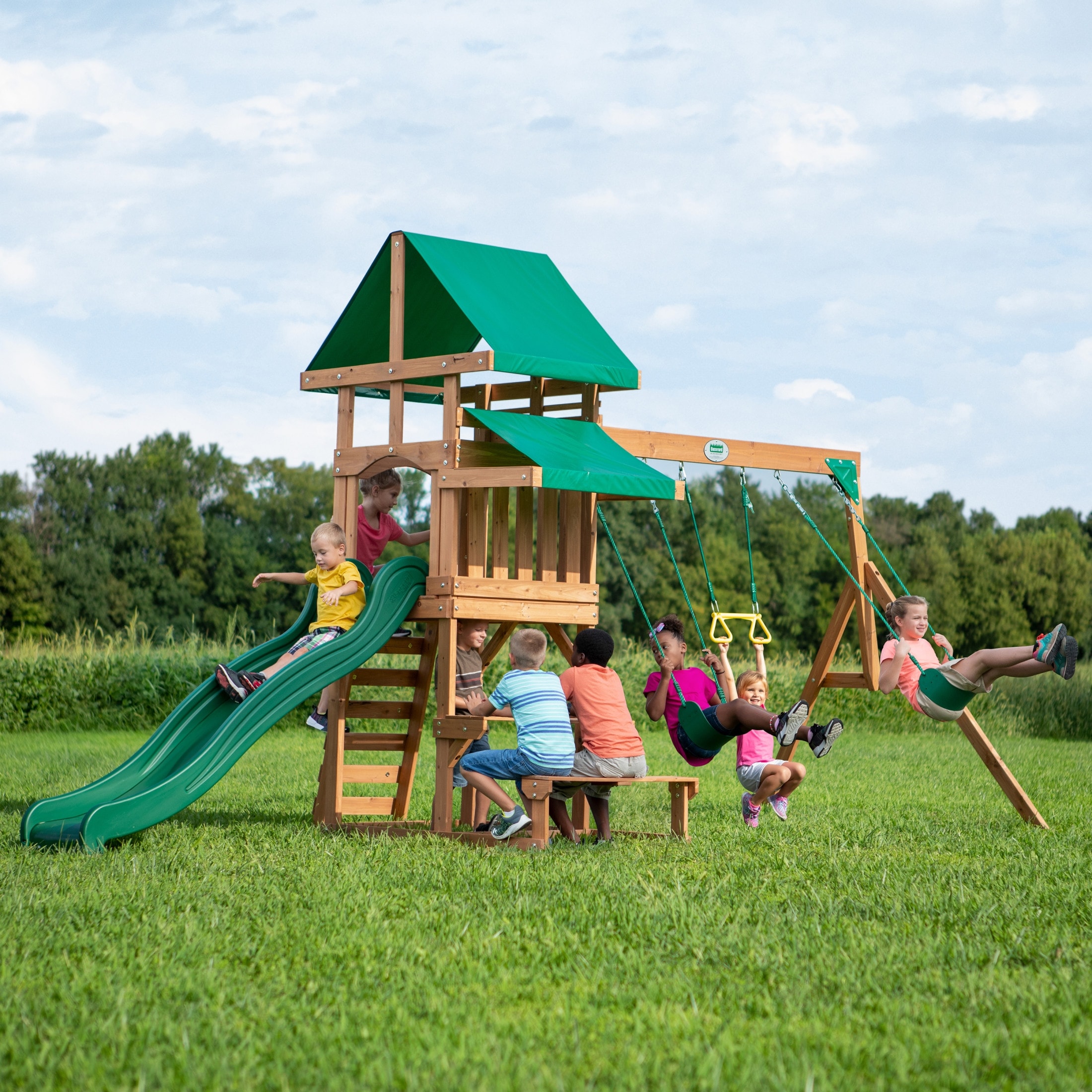 Backyard Discovery Belmont Cedar Wood Swing Set, Slide, Play Deck - 17'7" x 7'3"
