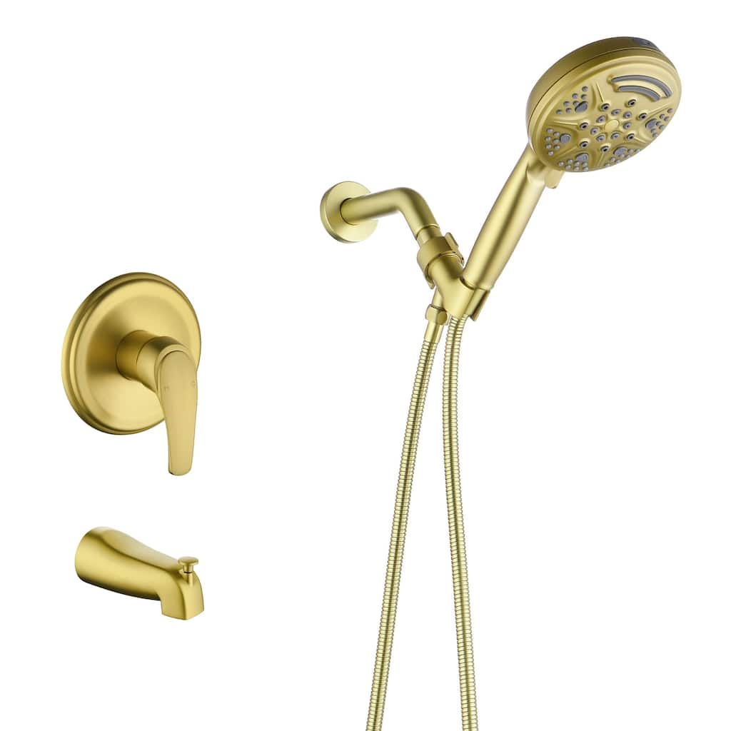 Wall Mounted Shower Faucet with Tub Spout, Complete Pressure Balance Brushed Gold Tub Shower System Wth Rough-in Valve