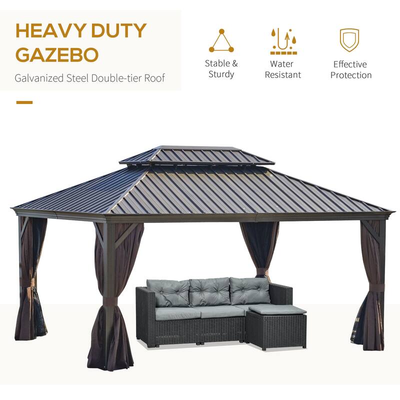 Outsunny 16' x 12' Hardtop Patio Gazebo Canopy Outdoor Pavilion with Galvanized Steel Frame, Netting Sidewalls, Curtains