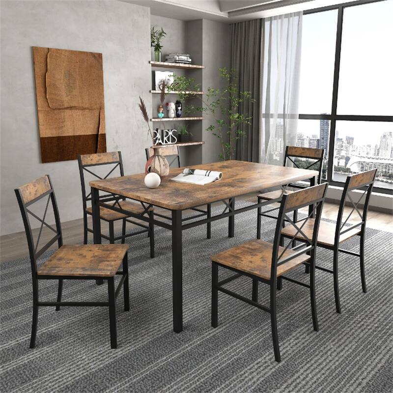 Dining Table Set with 6 Chairs Perfect for Small Space - Black+Brown