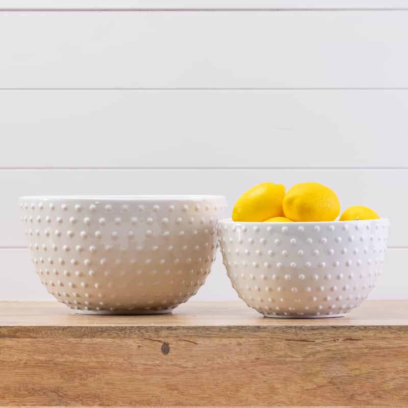 Transpac Dolomite 11 in. White Autumn Hobnail Mixing Bowls Set of 2