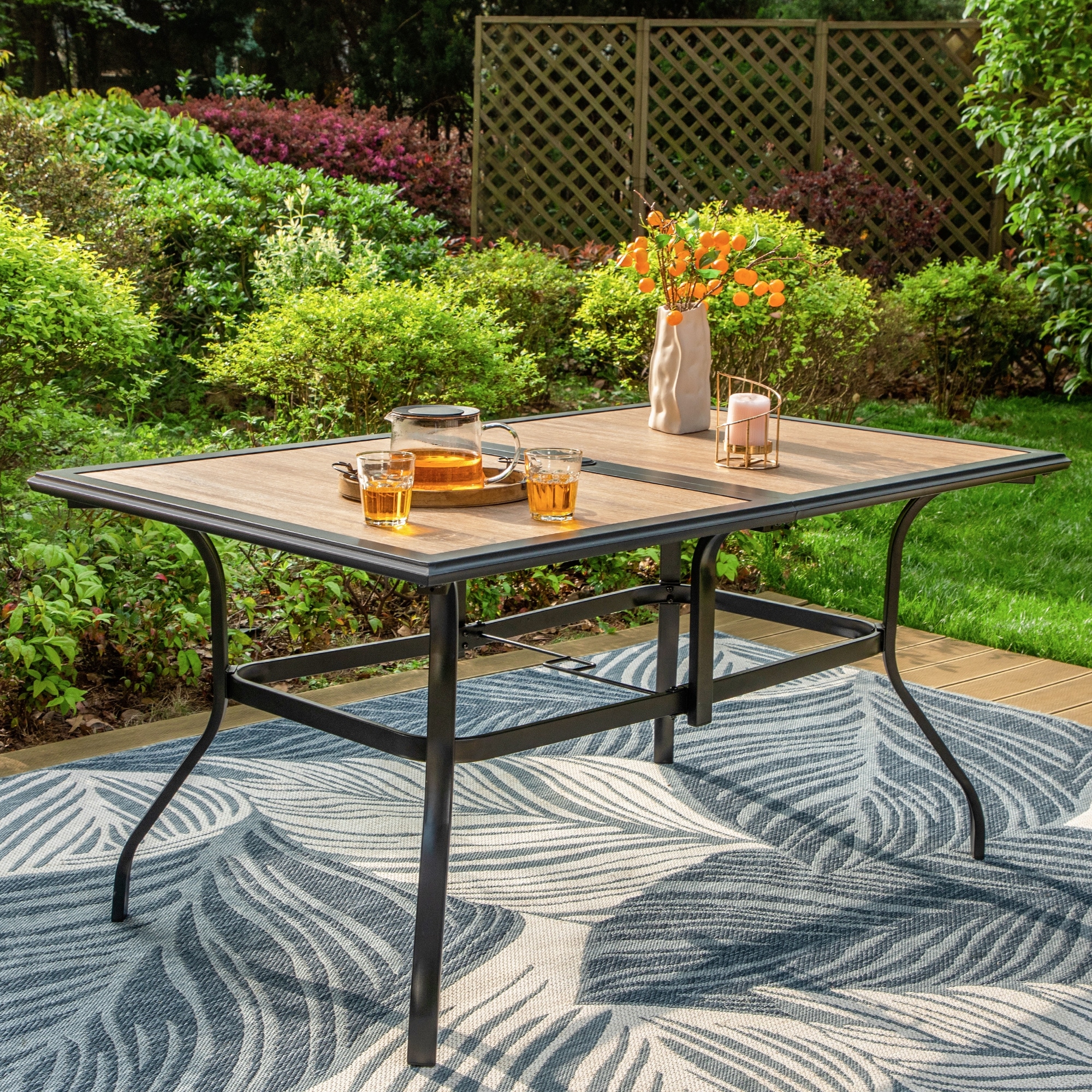 MAISON ARTS Wood look PVC Patio Dining Table Steel Large Rectangular Table with Umbrella Hole Wook Color