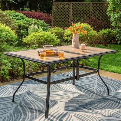 MAISON ARTS Wood-look PVC Patio Dining Table Steel Large Rectangular Table with Umbrella Hole