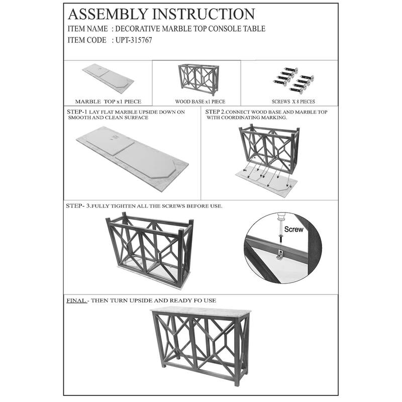 Agas Sofa Console Table, 41 Inch White Genuine Marble Top, Sandblasted Washed Ash Gray Mango Wood Geometric Frame