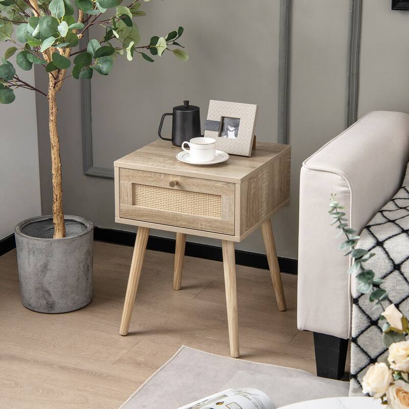 Set of 2 Natural Boho Nightstand with Rattan Drawer and Solid Wood Legs for Bedroom