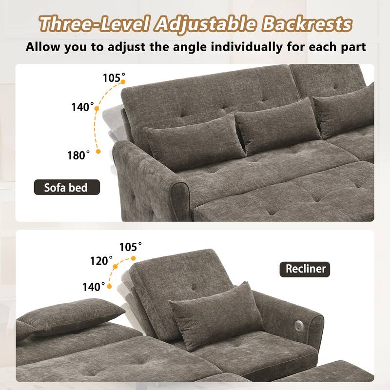 82" 2-in-1 Three-seater Dark Grey Chenille Sofa with Sofa Bed and Reversible Recliner