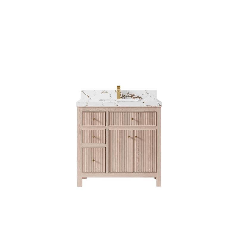 Willow Collections 36 x 22 Sonoma Oak Wood Center Sink Right Bathroom Vanity with Quartz or Marble Countertop - 2"Viola Gold - White Oak