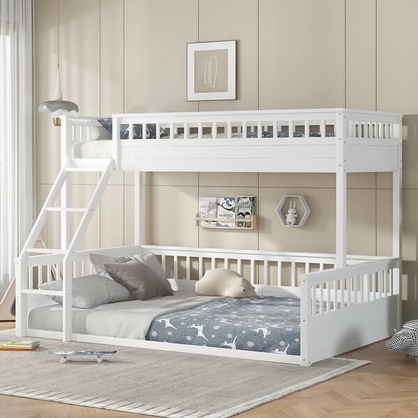 slide 2 of 13, Twin XL over Queen Wooden Bunk Bed with Guardrails and Ladder, Convertible Frame Off White