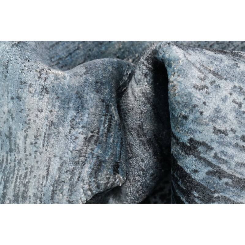 Hand Knotted Oriental Viscose Silk Carpet Modern Pictorial Navy Blue & Blues Abstract Area Rug - 7' 6'' X 5' 8''