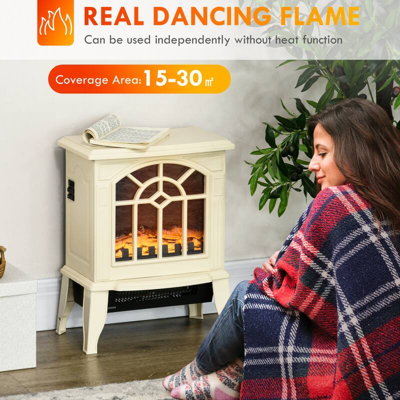18" Cream White Freestanding Electric Fireplace Stove, LED Flame and Log Heater, Adjustable 750W/1500W, Overheat Safety