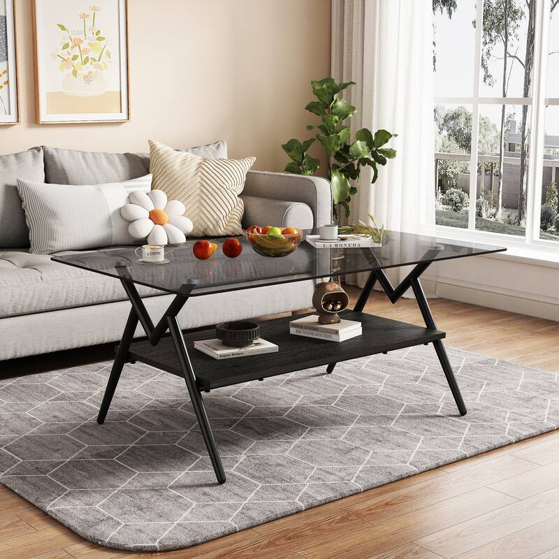Rectangle Coffee Table with Tempered Glass Top and Shelf