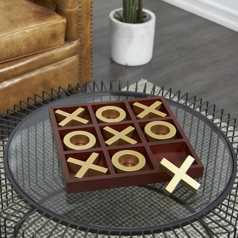 Wooden Tic Tac Toe Game Set with Gold X and O Pieces - Brown - Roche River Decor