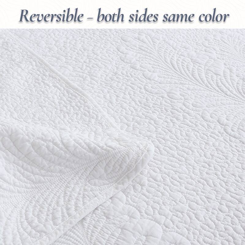 Cozy Line Modern Palm Leaf Stitch Solid White Cotton 3 Piece Reversible Quilt Bedding Set