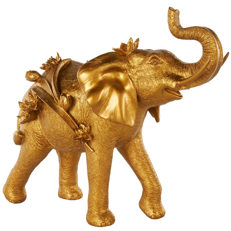 Gold Resin Walking Elephant Decorative Sculpture with Floral Accents