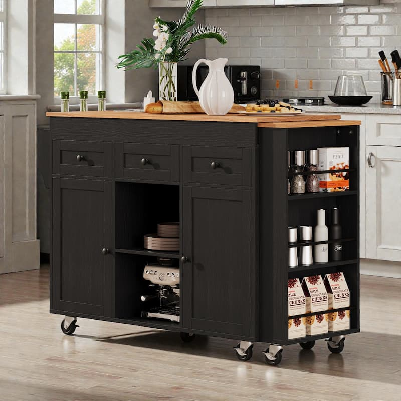 85.5" Extendable Kitchen Island with Dining Table, Rolling Storage Island with Power Outlet, Shelves, Drawers and Cabinets