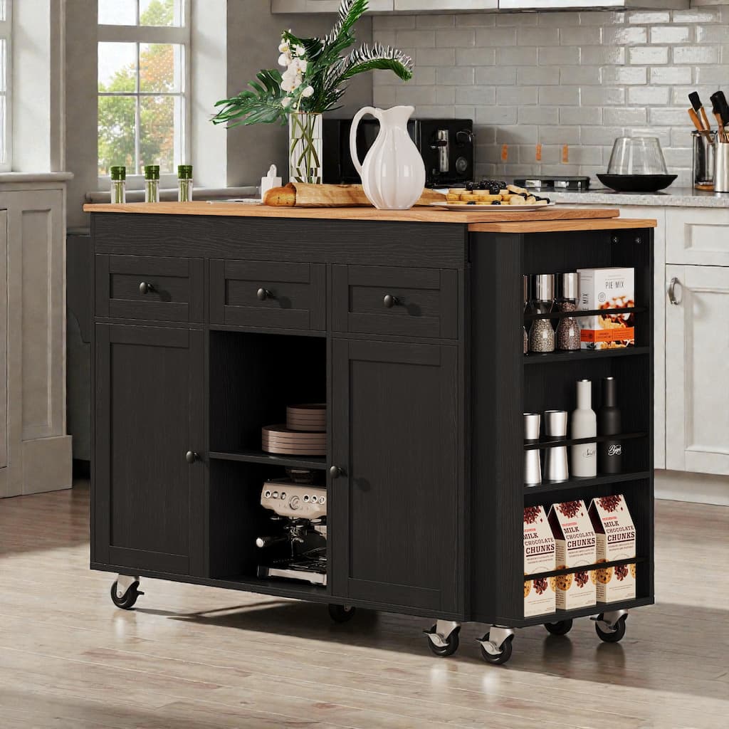 85.5" Extendable Kitchen Island with Dining Table, Rolling Storage Island with Power Outlet, Shelves, Drawers and Cabinets