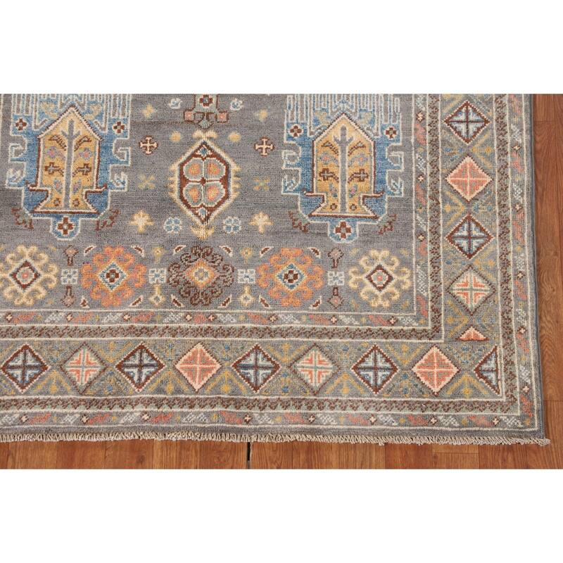 Traditional Kazak Oriental Area Rug Hand-Knotted Grey Wool Carpet - 4'1" x 6'2"