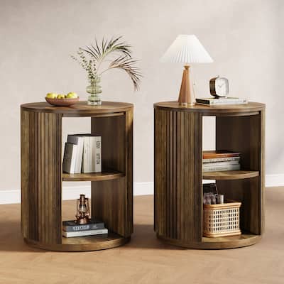 3-Tier Round End Table, Farmhouse Round Side Table with Fluted Design