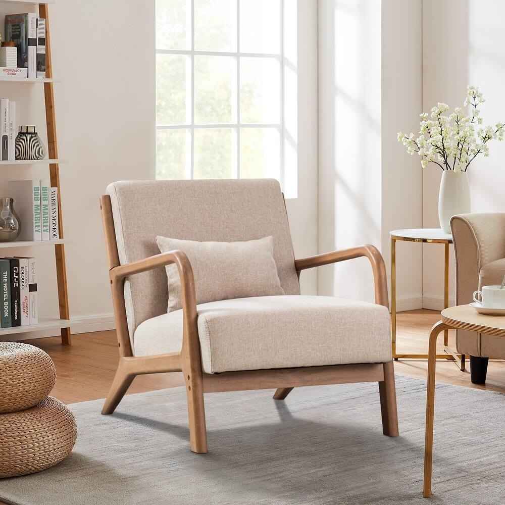 Light Wood & Pearl White Cushion Accent Chair
