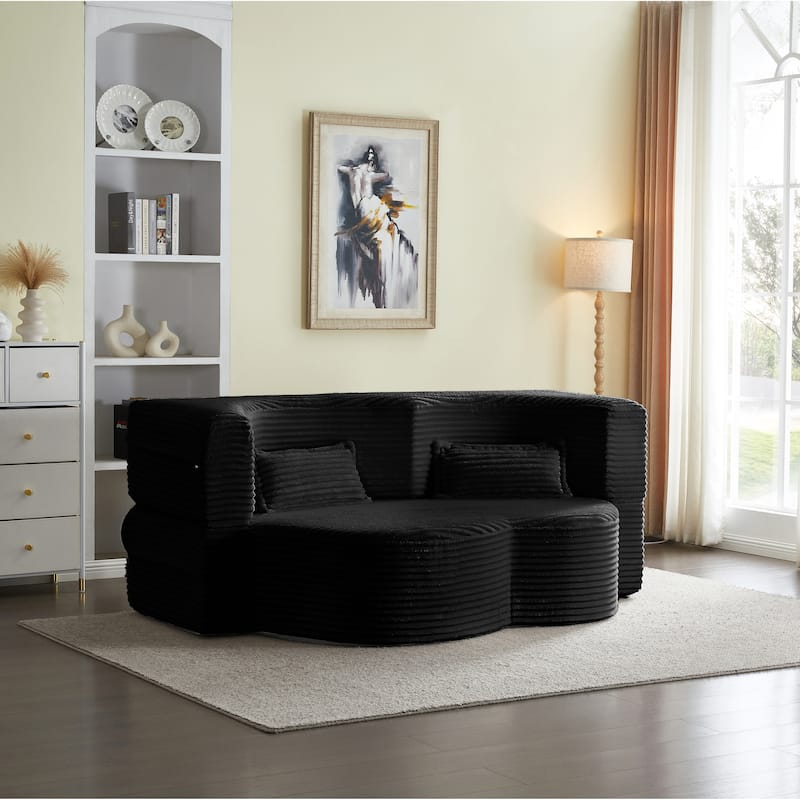 Full Size Floor Sleeper Sofa - 15" Folding Mattress, No Assembly Corduroy Sofa Bed with 2 Pillows