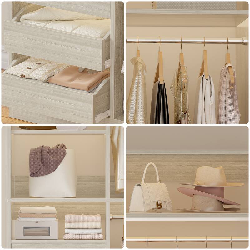 Qvella 72'' Closet System with 6 Wooden Drawers and 4 Hanging Rods, Walk-in Closet Organizer with 10 Storage Shelves