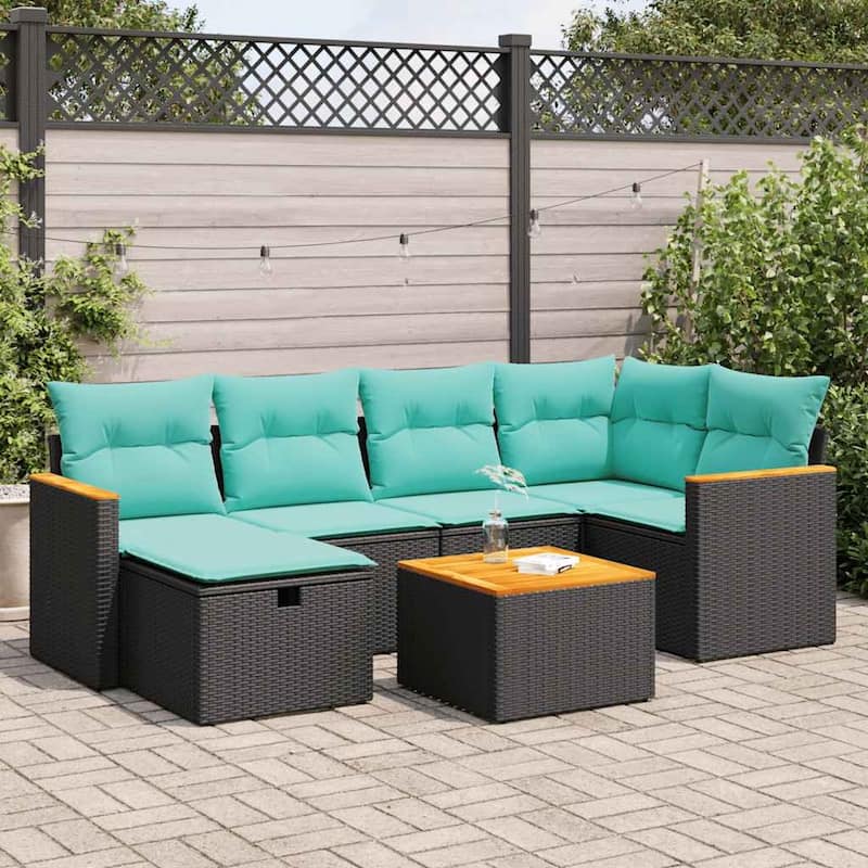 vidaXL Patio Sofa Set with Cushions Outdoor Conversation Furniture Poly Rattan - Black with storage - 21.7" x 24.4" x 27.2"