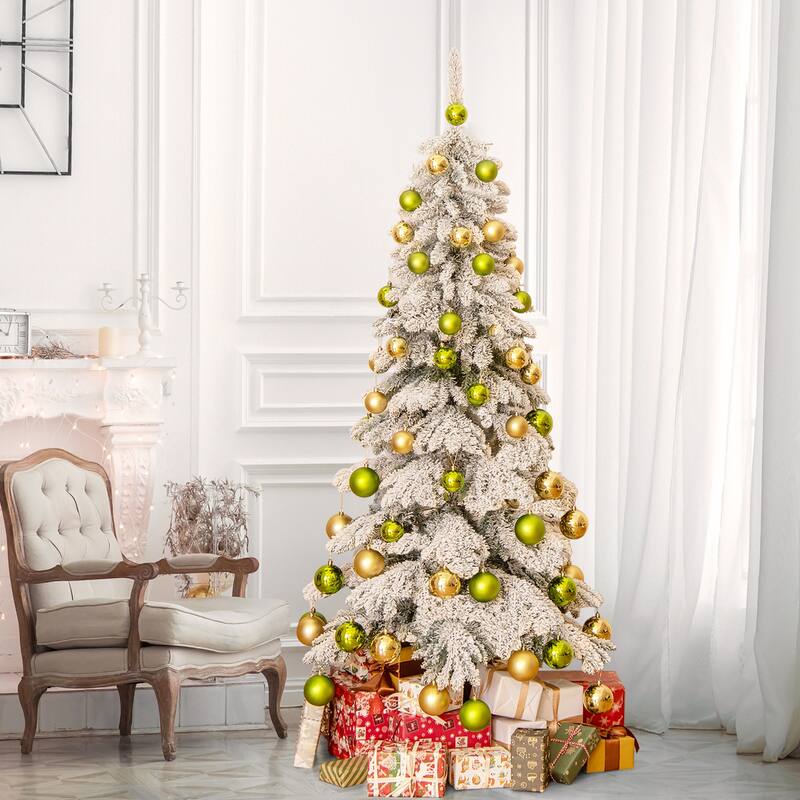 Gymax 6 ft Artificial Xmas Tree Hinged Christmas Tree w/ 589 Flocked - See Details - Green - 6 Foot