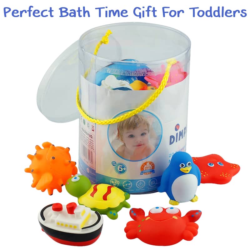 Dimple Set of 20 Floating Bath Toys with 20 Different Sea Animals, Vehicles and Shapes, Squirter Toys for Boys and Girls