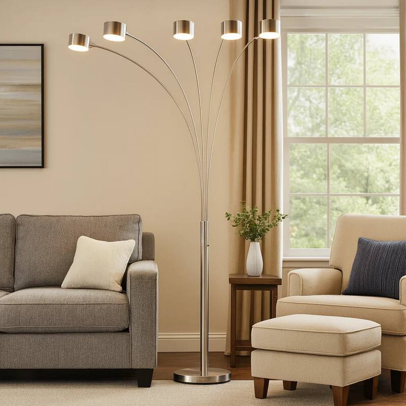 5 Arm Arched Floor Lamp, 84 Inch Chrome Metal Sleek Stem, Round Base