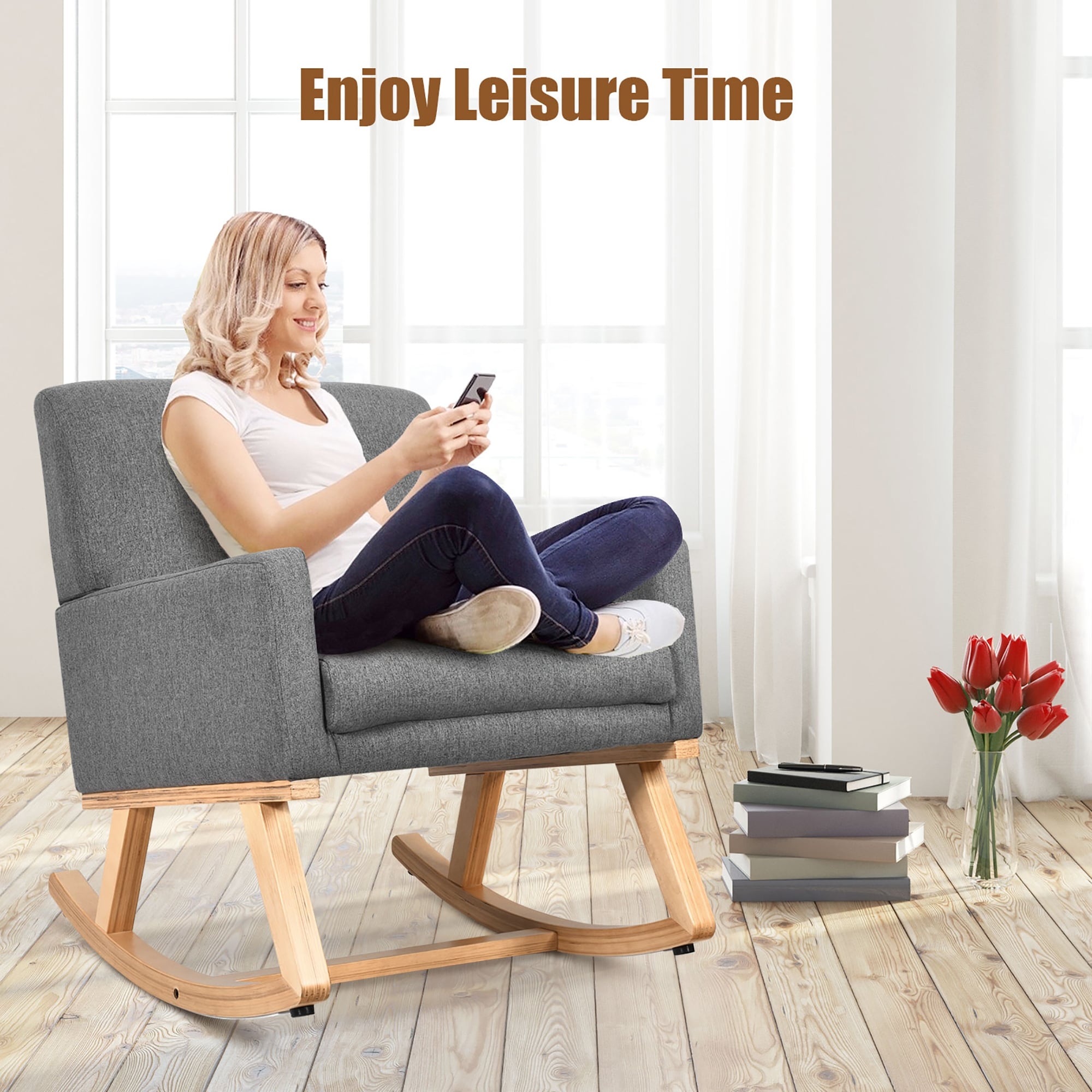 Costway Mid Century Rocking Chair Upholstered Armchair w Lumbar