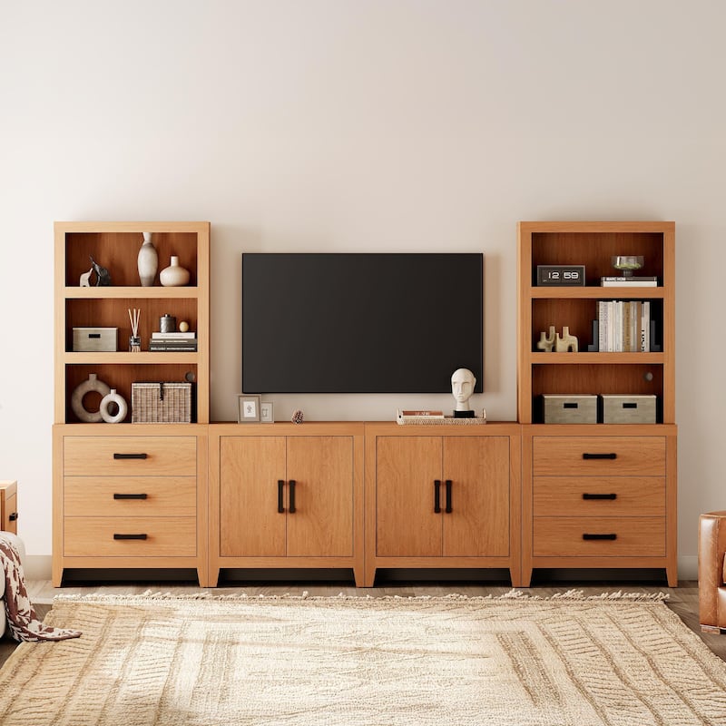 WAMPAT Entertainment Center with Bookshelves, Farmhouse TV Stand, Media Console with Adjustable Shelves for Living Room, Bedroom - Mocha