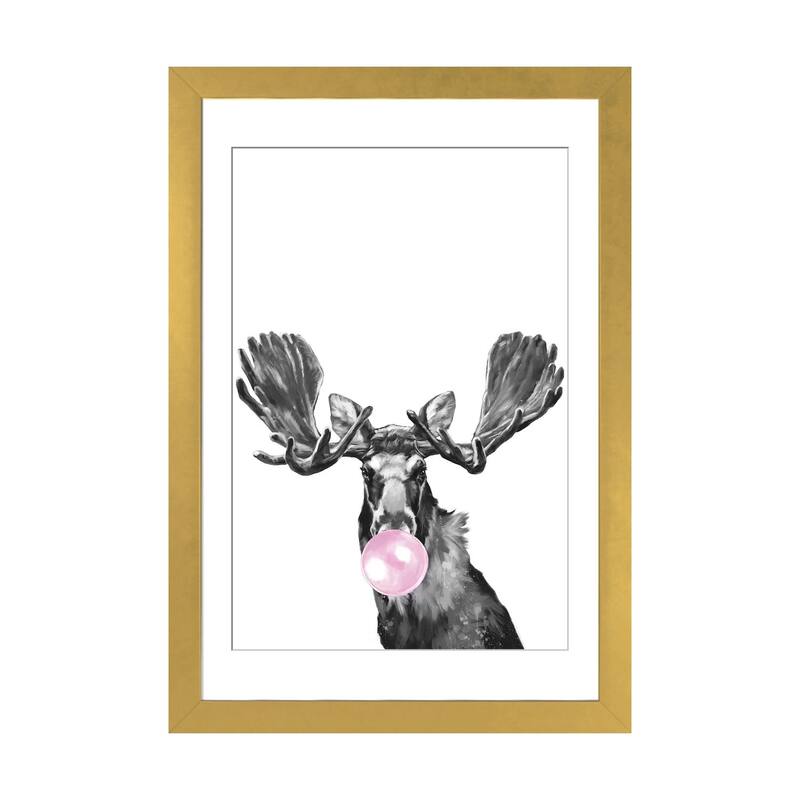 iCanvas "Bubble Gum Moose Black And White" by Big Nose Work - Gold - 24x16x1