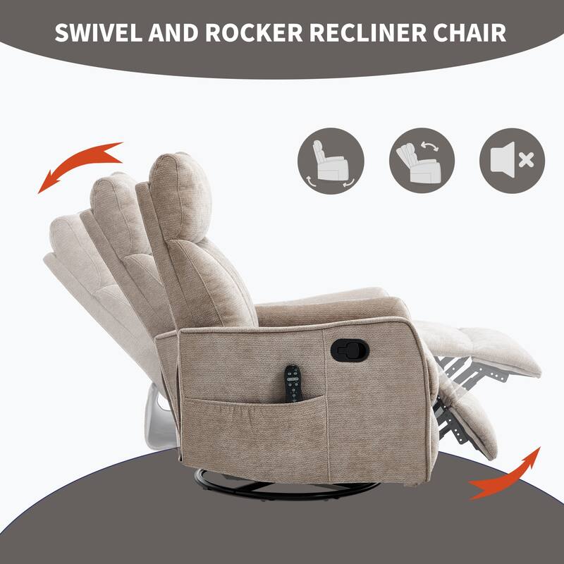 Swivel Recliner Chair with Heat & Massage, Heavy Duty Manual Recliner Chair, Glider Rocker Chair with Side Pocket