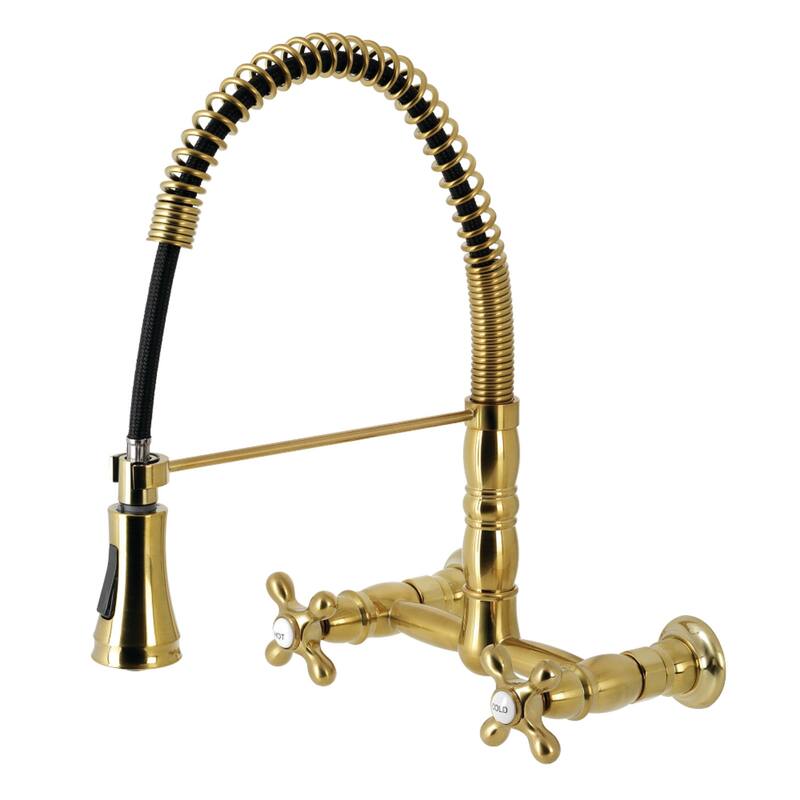 Heritage Two-Handle Wall-Mount Pull-Down Sprayer Kitchen Faucet - Brushed Brass