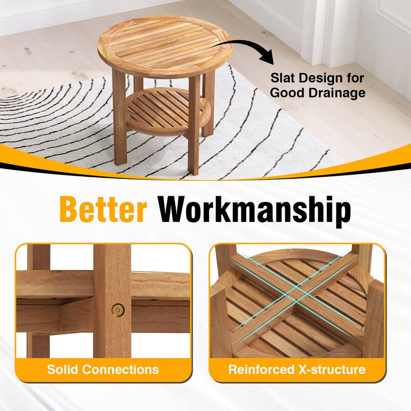 Gymax Teak Wood 2-Tier Side Table 19.5'' Round Coffee Table End Table