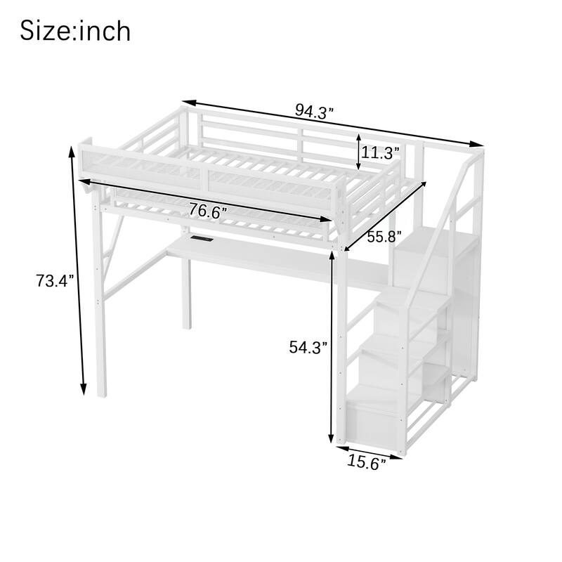 Full/Queen Size Metal Loft Bed with Desk, RGB Light, Charging Station, Shelves and Wardrobe, Stair Loft Bed for Teens