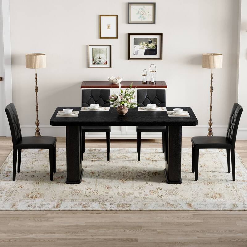 Set of 5 Piece Dining Table and Chair Set MDF Top Glass Insert PU Seat Buckle Backrest