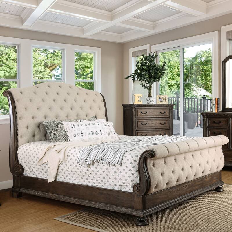 Furniture of America Brev Rustic Beige Tufted Fabric Sleigh Bed - King